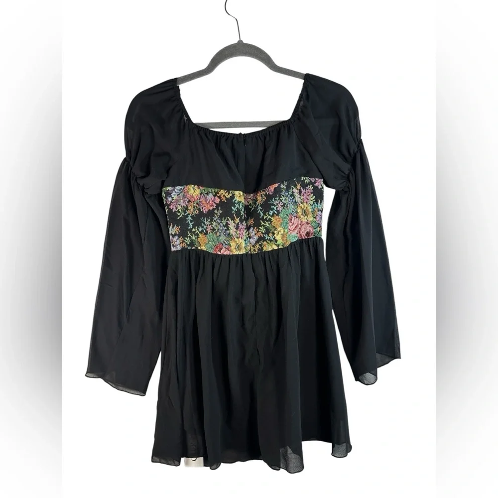 Cider Floral Corset Mini‎ Dress S Black Sheer Bell Sleeve Cottagecore